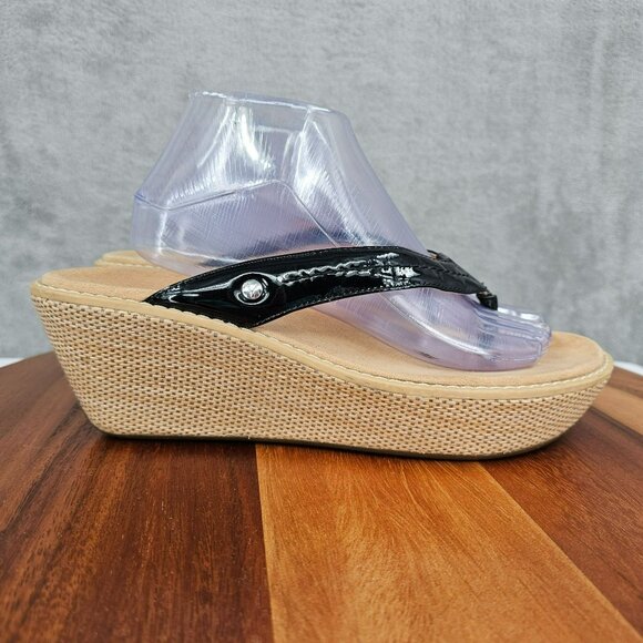 Vionic Grenada Wedge Thong Sandals 10 Black Patent Leather Woven Tan Orthopedic - Picture 6 of 14